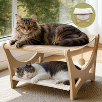 Cat Hammock Bed, Wooden Elevated Cat Beds with Natural Sisal Scratching Mat, Cats Scratcher Bed - Narual Wood (Double Layers)