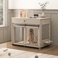 Large Dog Crate with Sliding Door, Furniture-Style Wooden Indoor Kennel, Integrated Side Table & Drawer, Secure Lock, 360° Rotating Bowl, Modern Pet House - Ideal for Home Decor (Grey)