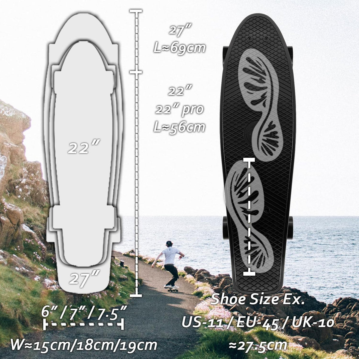 KMX Classic Retro Mini Cruiser Skateboard 22" & 27" for Boys Girls - Flame Black / 27" - image 4
