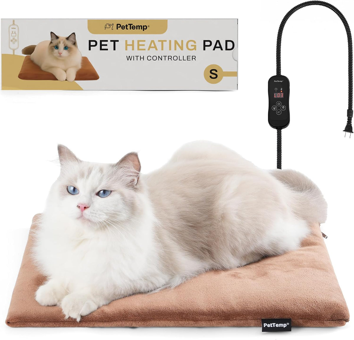 Cat Heating Pad, Heated Cat Bed, 5 Temps & Timer - Brown / S: 16" x 13"