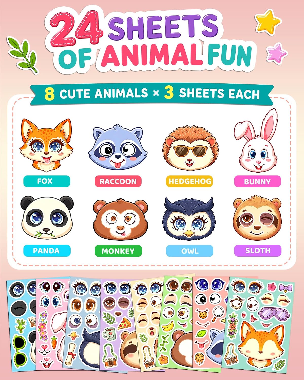 Halloween Stickers for Kids, 24 DIY Face Sheets - Cute Animals - image 4