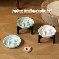 Melamine Slow Feeder Cat Bowls, Dishwasher Safe - Blue + Metal Stand / 9"H - image 3