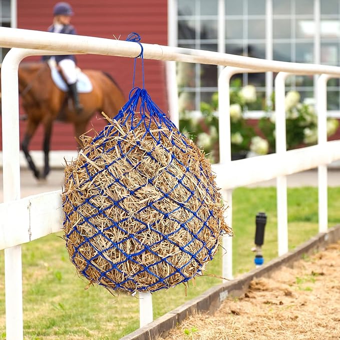 Fabbay 4 Pcs Slow Feed Hay Net Feeder Hay Bag for Horses Slow Feeder 40 Inch Length with 2 Inch Holes Hanging Horse Feed Net for Goat Cattle Equine Stalls Barn Supplies(Blue)