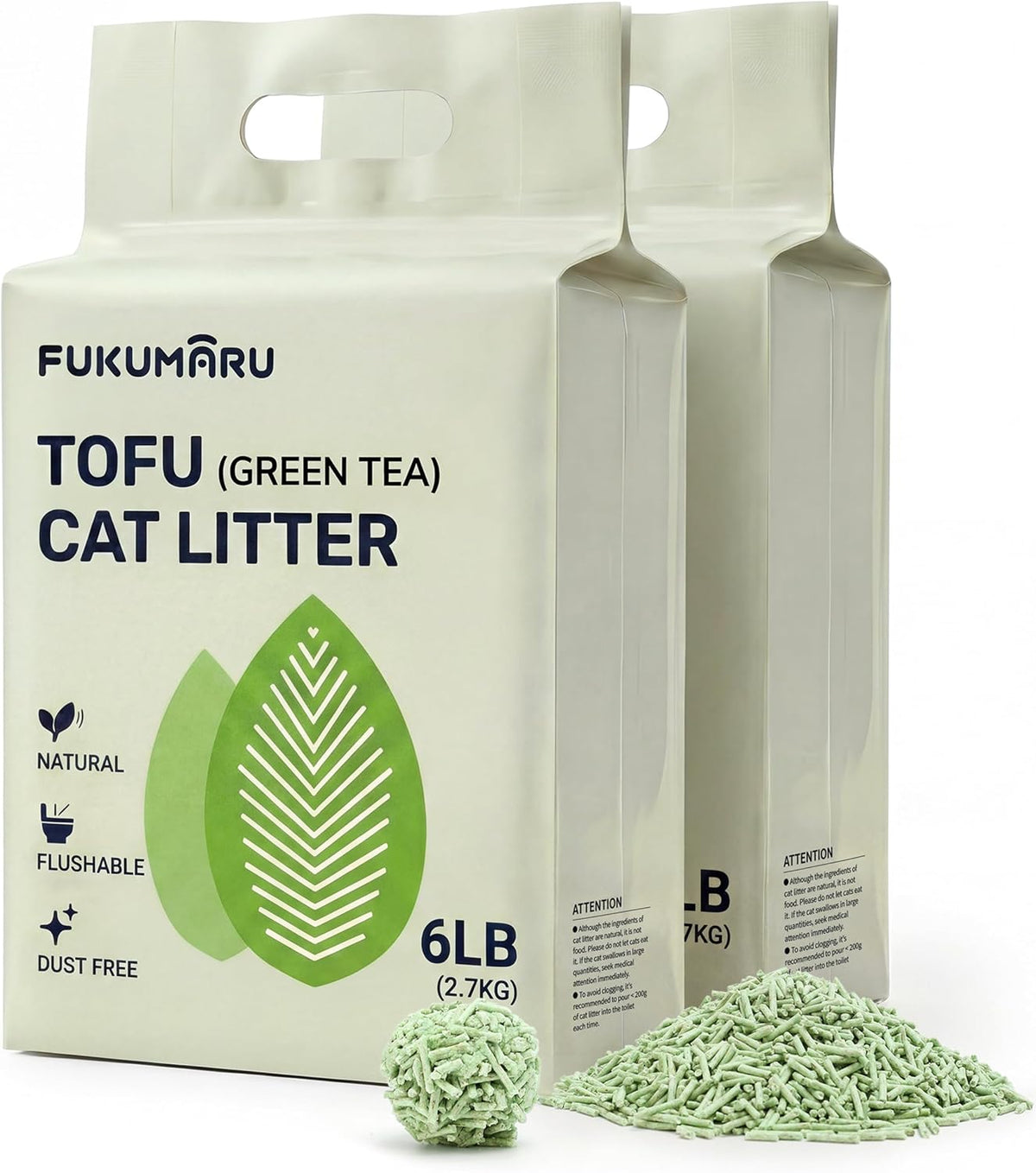 FUKUMARU Tofu Cat Litter, Green Tea Scented, Clumping - Green Tea / 12lbs, 6lb x 2 Bags