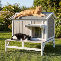 Outdoor & Indoor Wooden Cat House - Scratch Mat House – 25.6"W