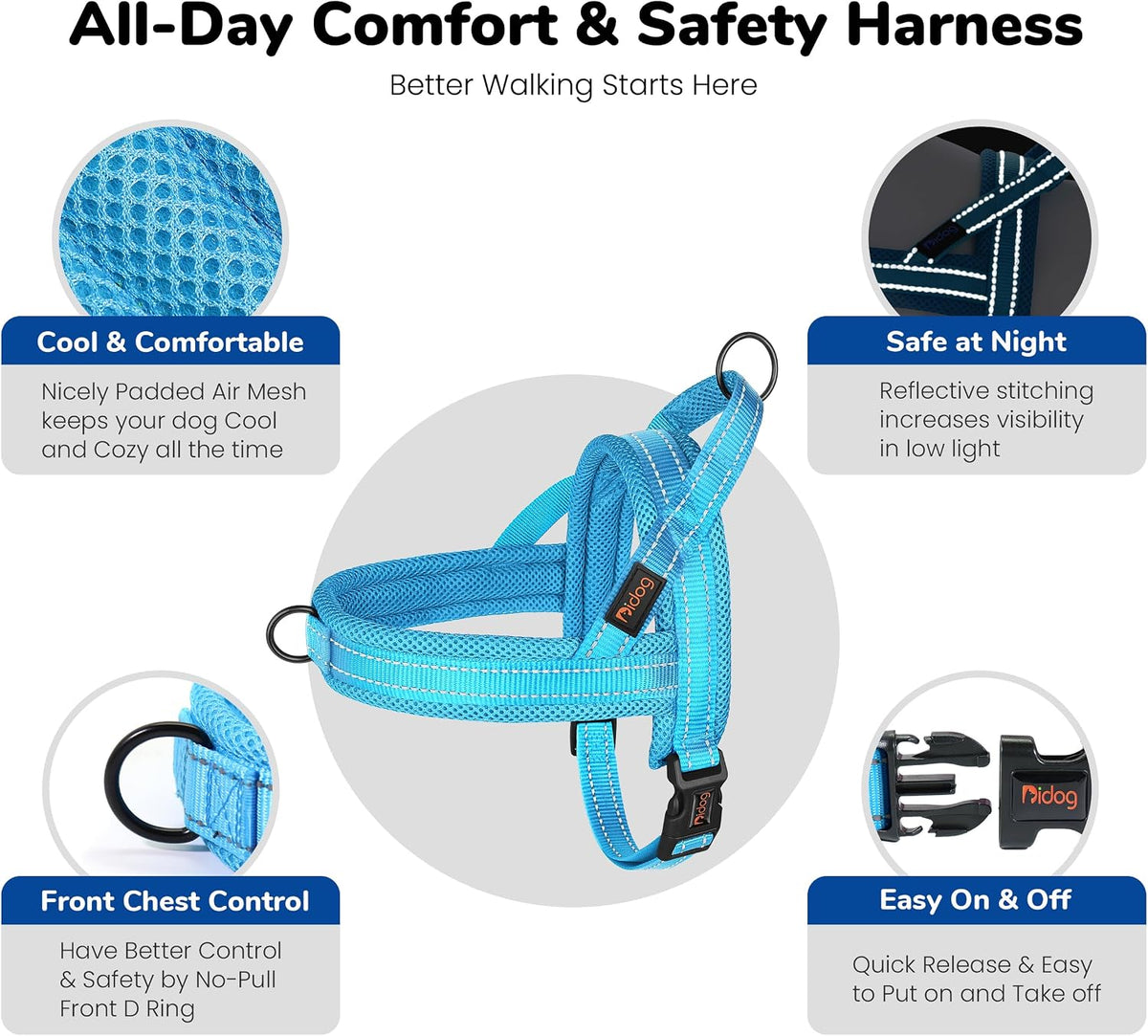 Didog No Pull Dog Harness for Large Dogs, Breathable Mesh Padded - Blue / M: Chest 21-27", Fit 28-50 lbs - image 4