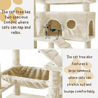 Cat Tree, 80-Inch Large Cat Tower with 9 Scratching Posts, 2 Perches, 2 Caves, 2 Basket, 2 Stairs, Extra Large Hammock, Pompoms, Multi-Level Plush Cat Condo for Indoor Cats/Beige