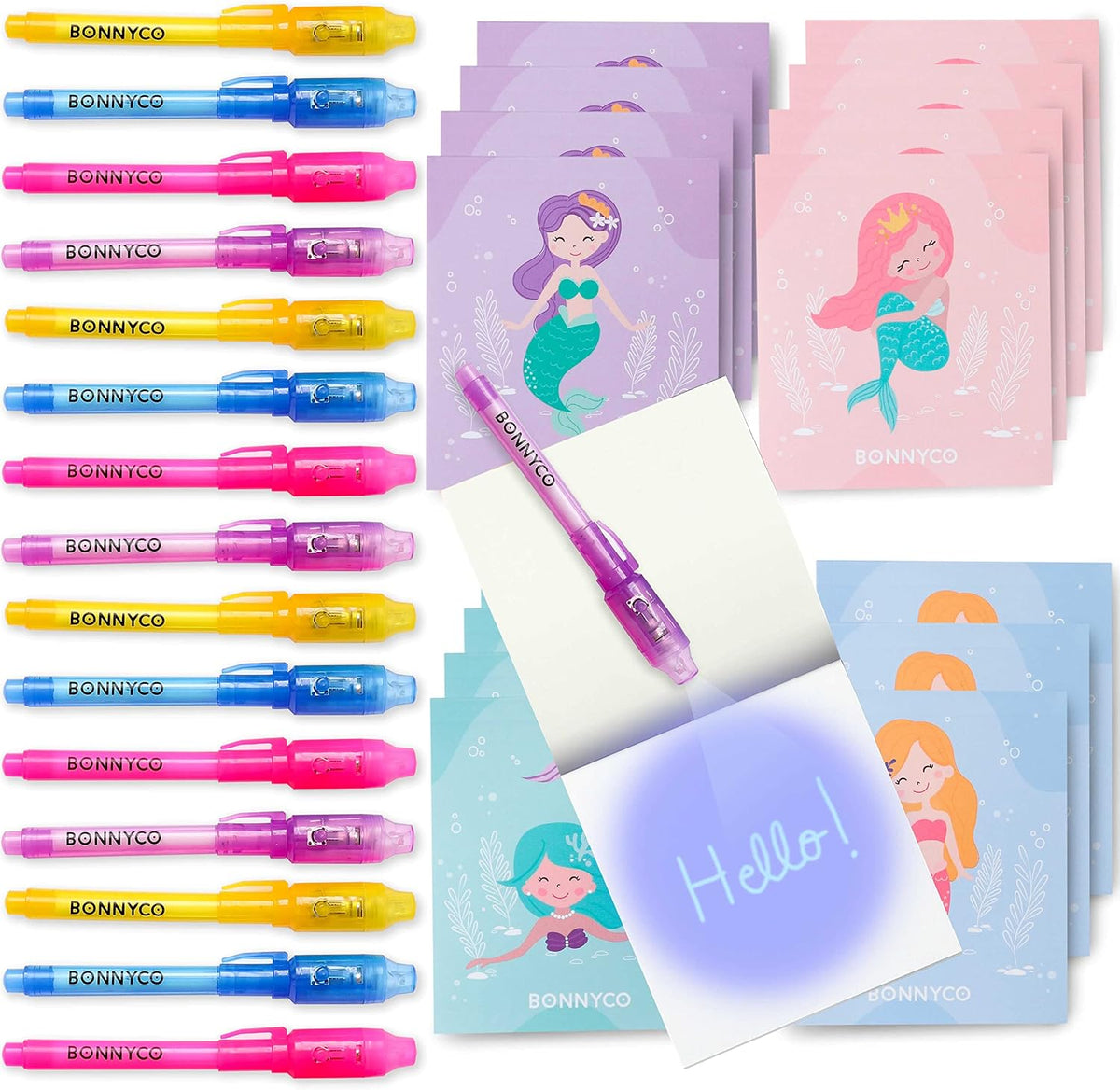 BONNYCO Invisible Ink Pen and Notebook Pack of 16 Party Favors - Mermaids - Pack 16