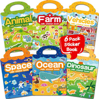 6 Sets Reusable Sticker Book for Toddlers 3-6 - Vehicles+Animals+Ocean+Dinosaurs+Space+Farm