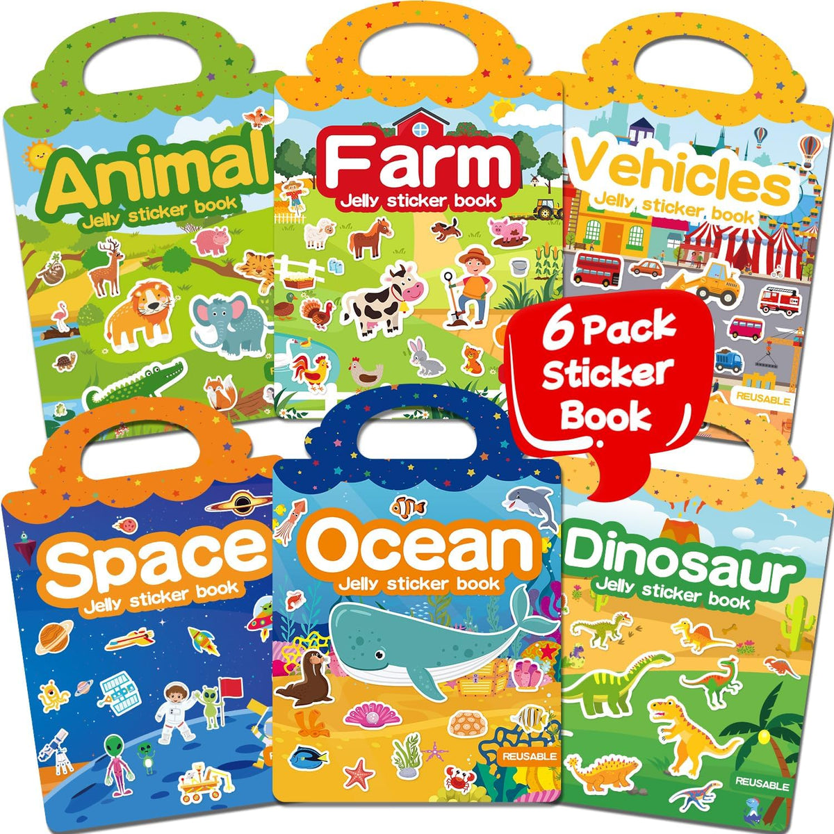 6 Sets Reusable Sticker Book for Toddlers 3-6 - Vehicles+Animals+Ocean+Dinosaurs+Space+Farm