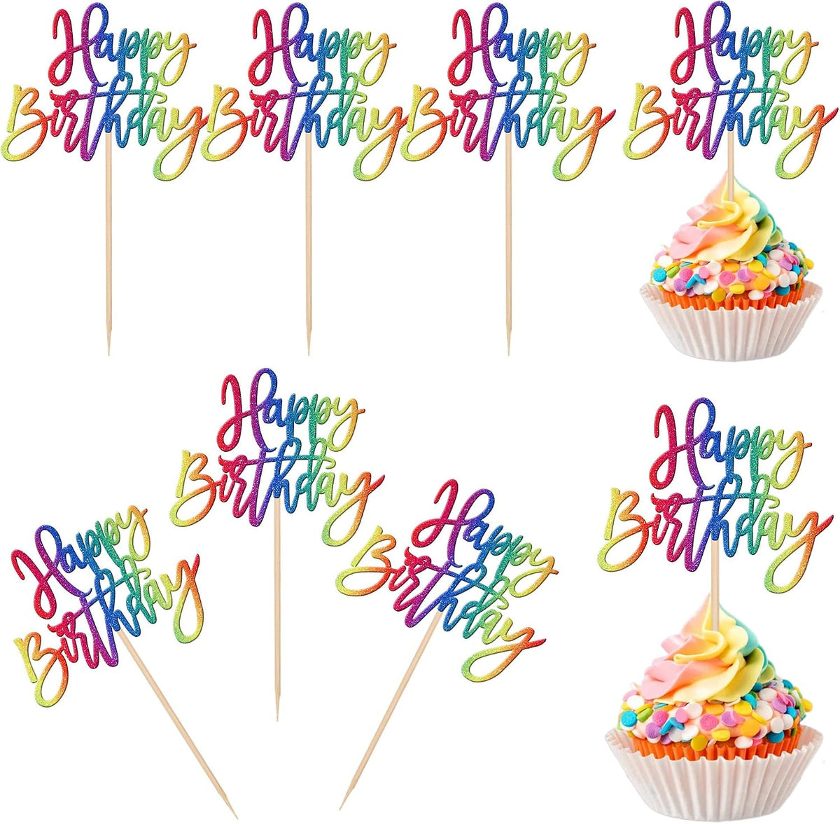 24 PCS Happy Birthday Cupcake Toppers Glitter Picks for Celebrating - Colorful