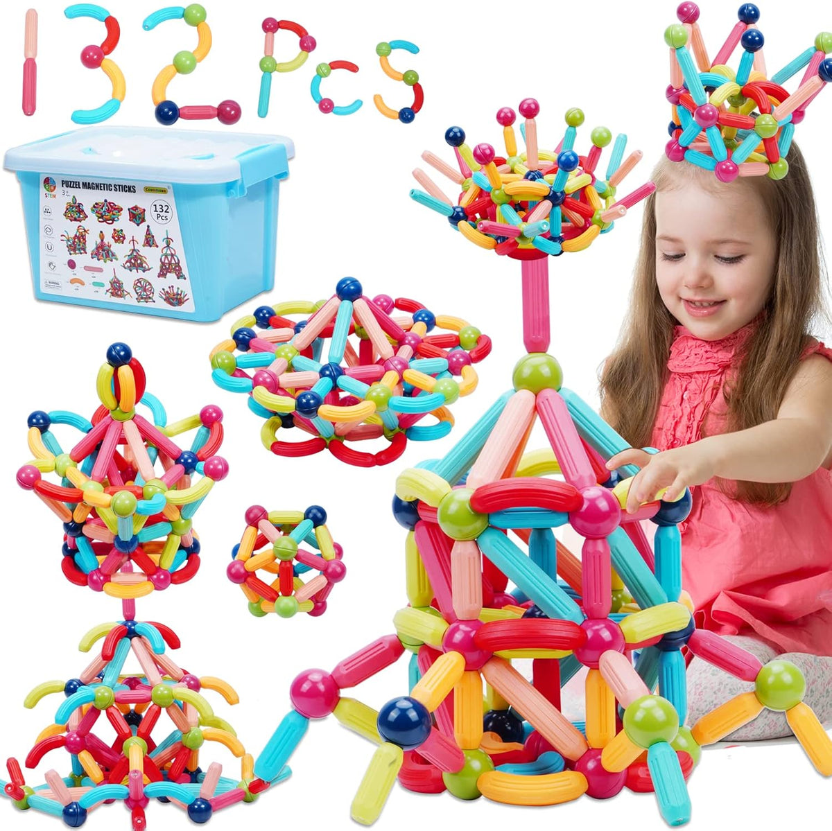 COUOMOXA Magnetic Building Blocks STEM for Toddlers: 74pcs Montessori - 132 PCS