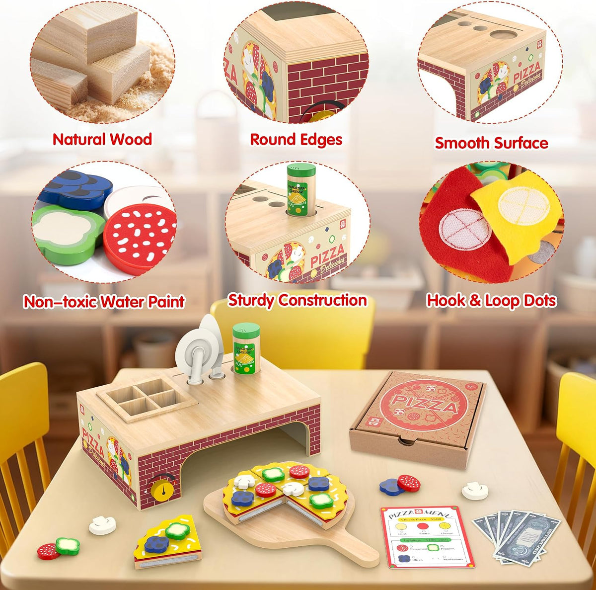 WOODMAM Wooden Pizza Toy, 48 PCS Montessori Pretend Play Food for Ages 3+ – Fun for Kids & Family - Non-Foldable Wooden Oven - image 4