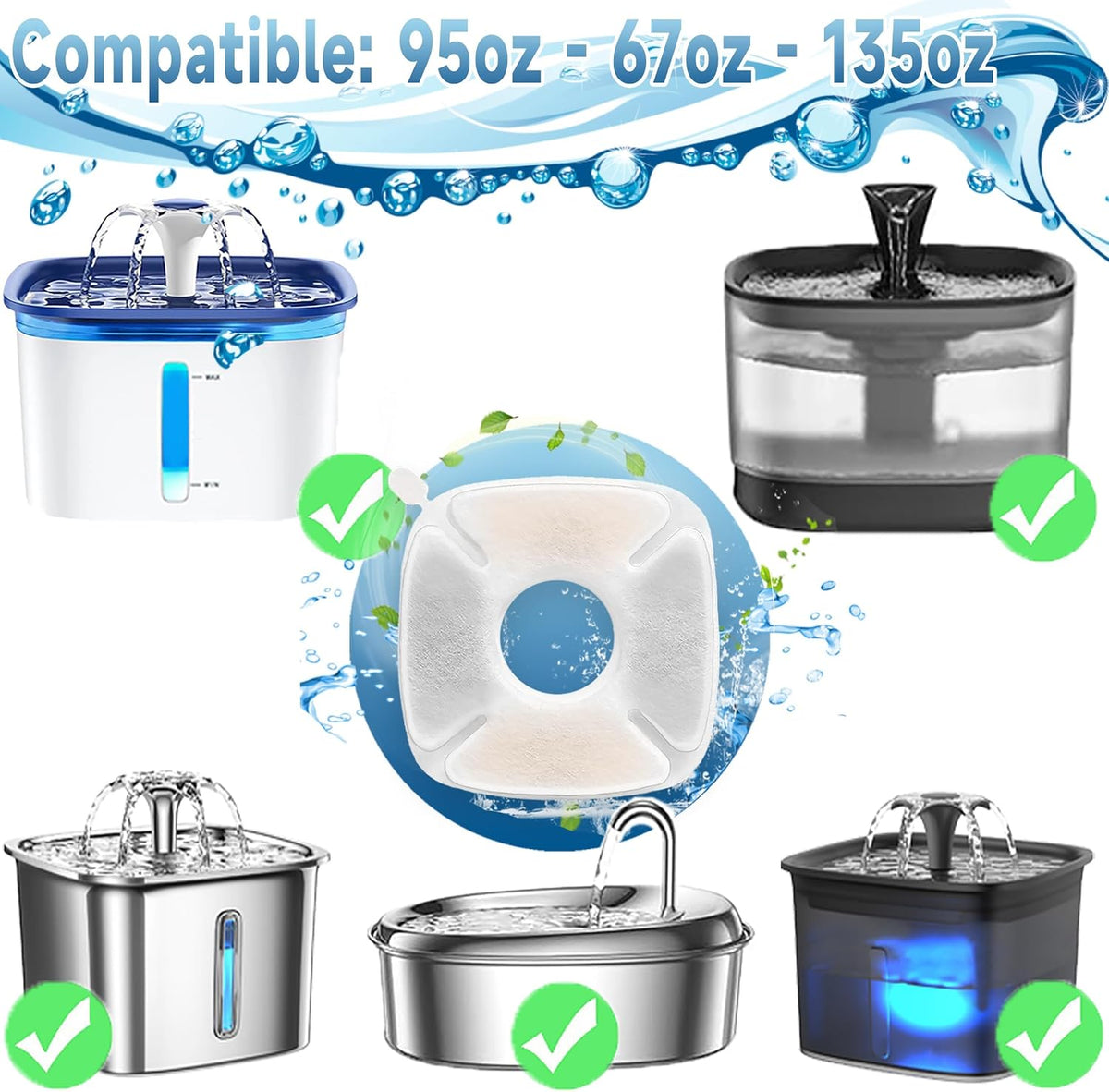 34 Pcs Cat Water Fountain Filters Replacement Compatible with VEKEN - 16 Filters+16 Sponges+2 Brushes - image 2