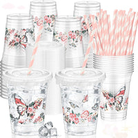 Teenyyou 12 oz clear plastic party cups with dirt bike design, lids and paper straws