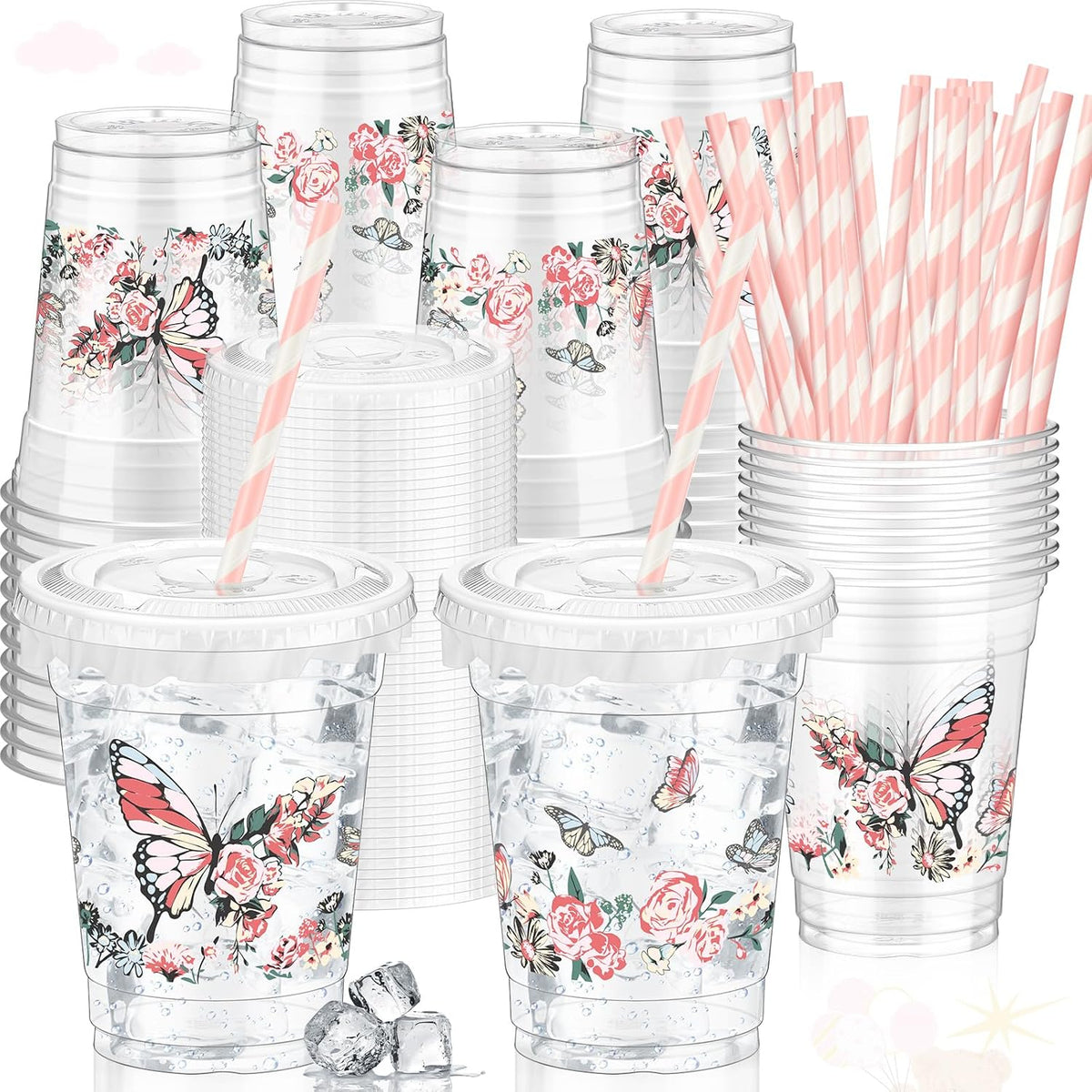 Teenyyou 12 oz clear plastic party cups with dirt bike design, lids and paper straws