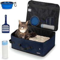 Portable Cat Travel Litter Box with Lid and 10 Pcs Disposable Liner - NAVY