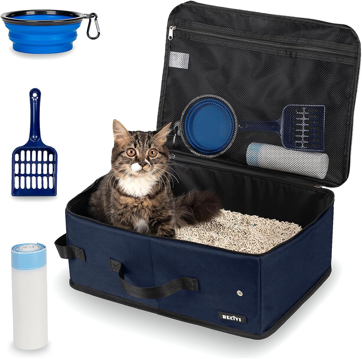Portable Cat Travel Litter Box with Lid and 10 Pcs Disposable Liner - NAVY