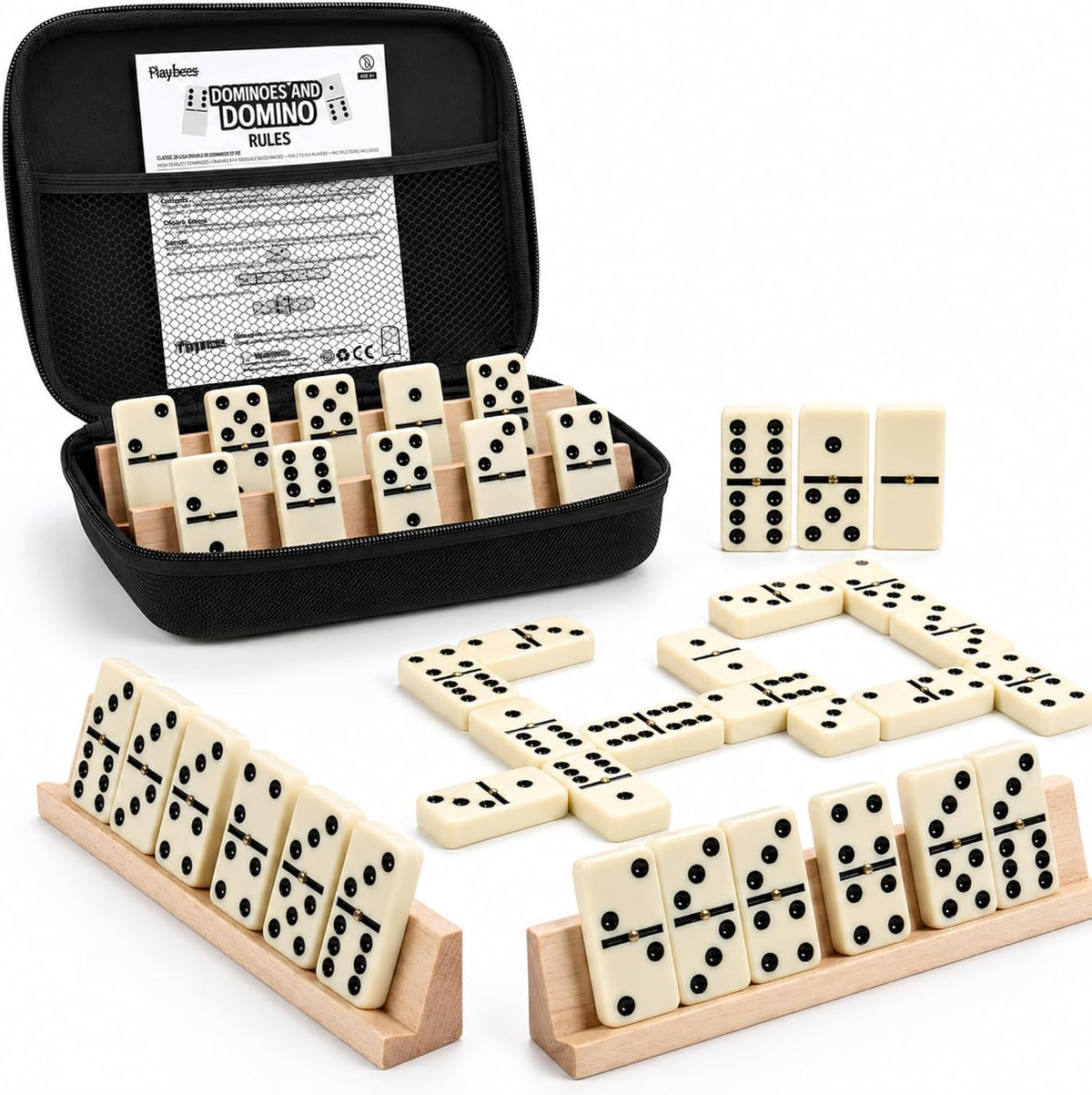 Jumbo Double Six Dominoes Set for Adults, Black Tiles - Double-6 | White | Case + 4 Wooden Racks