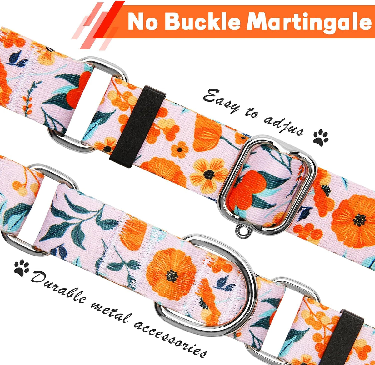 Hikiko Martingale Dog Collar Without Buckle - Retro Orange Flower / Large - image 2