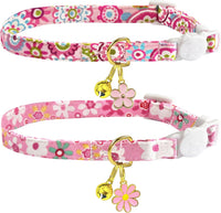 2 Pack Cotton Breakaway Cat Collars Set with Bell and Flower Pendant - flower+geometry