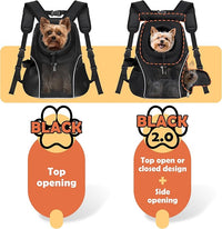 WOYYHO Pet Dog Carrier Backpack with Top and Side Windows, Small Dog Front Backpack Ventilated Mesh Dog Back Pack with Safety Belt for Travel Hiking Outdoor Adventures (Size M: 5-9 lbs, Black 2.0)
