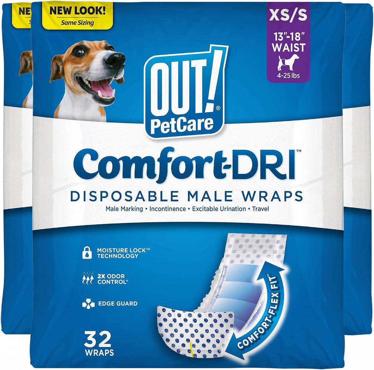OUT! PetCare Male Dog Diapers, Disposable Belly Bands - XS/S (Pack of 2) / 32 Count
