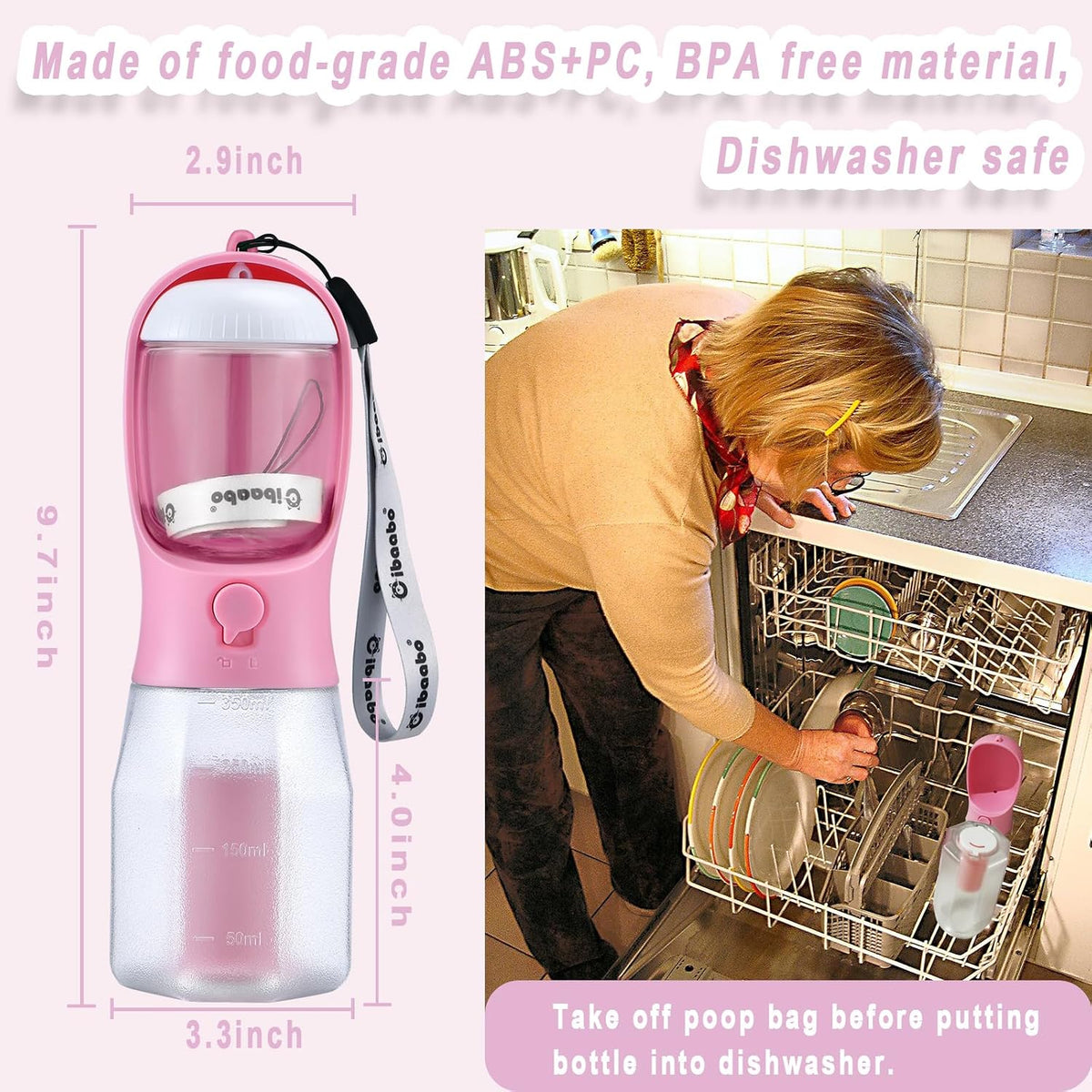 Dog Water Bottle with Food Container & Poop Bag Holder & Filter – Essentials for Dogs - #03 Pink / 12oz - image 2