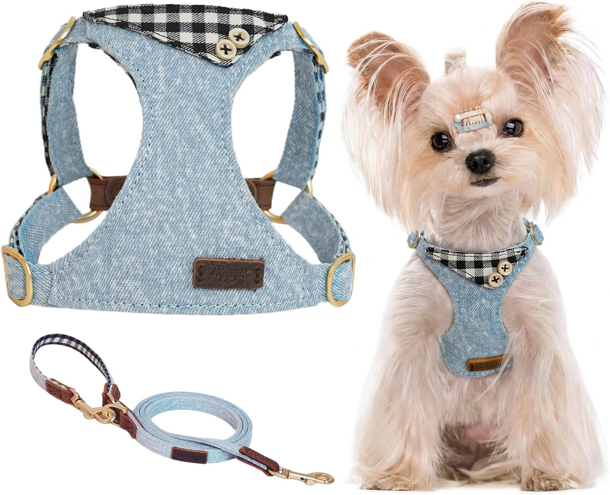 Puppytie XS Dog Harness and Leash Set, Denim Brown, XS – Essentials for Dogs - checked-black / XS(4.5-11lb)