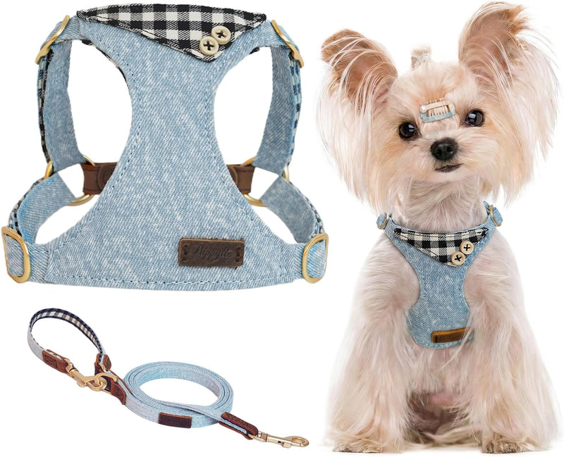 Puppytie XS Dog Harness and Leash Set, Denim Brown, XS – Essentials for Dogs - checked-black / XS(4.5-11lb)