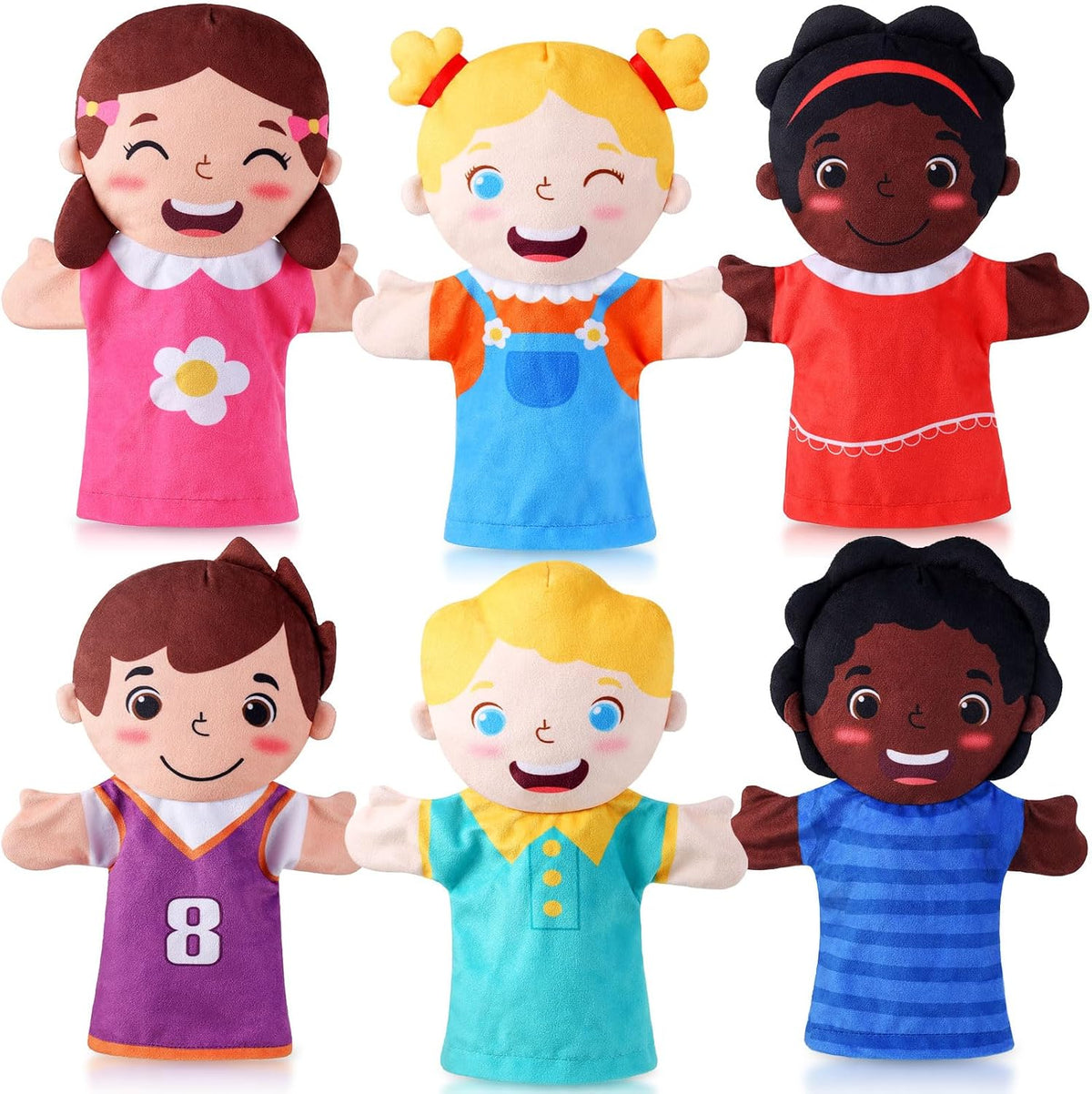 6 Pcs Family Hand Puppets 12 Inch Grandparents, Mom & Dad - Multiculturalism
