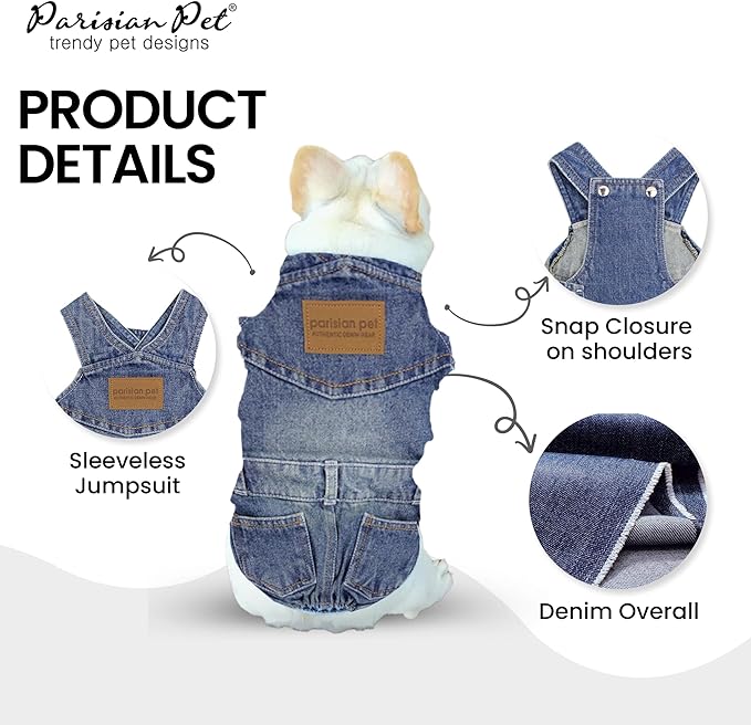 Parisian Pet Denim Overall - Blue Dog Jeans Outfit - Breathable Puppy Jumpsuit Costumes - Machine Washable Overall for Dogs - Dog Clothes for Large Dogs - L
