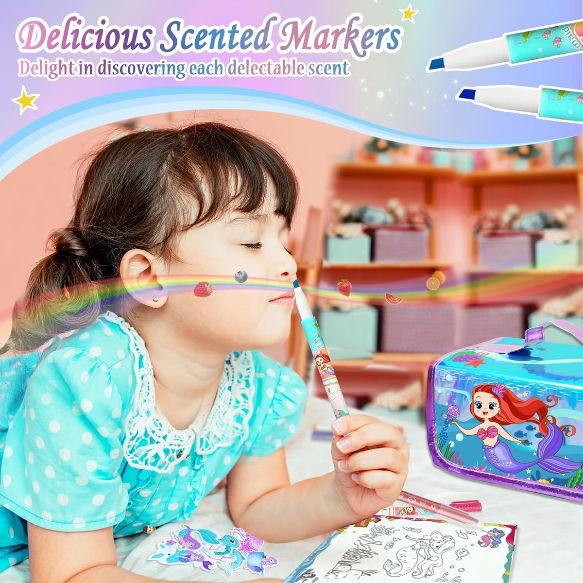 weirtoya 56 PCS Washable Scented Markers Set with Glitter Pencil Case - Mermaid - image 4
