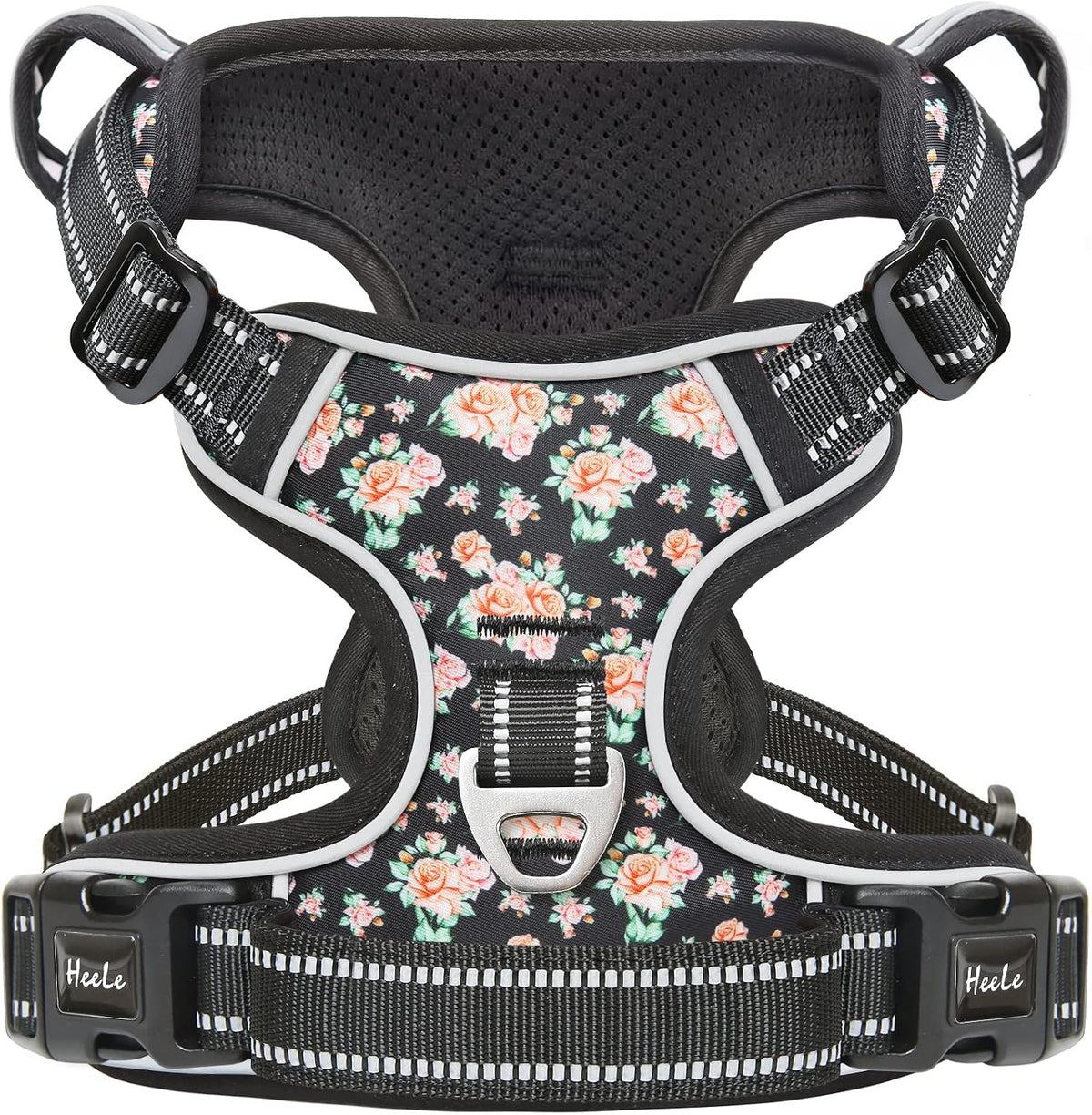 HEELE Dog Harness, No Pull Adjustable Padded Reflective Harness for Small Medium Large Dogs - XL / Flower-Black