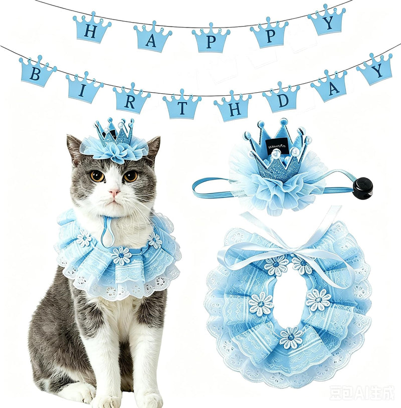 Cat Princess Costumes Pink Cat Crown Hat & Lace Bandana Scarf Set – Essentials for Cats - Blue(Crown Hat&Scraf&Banner)