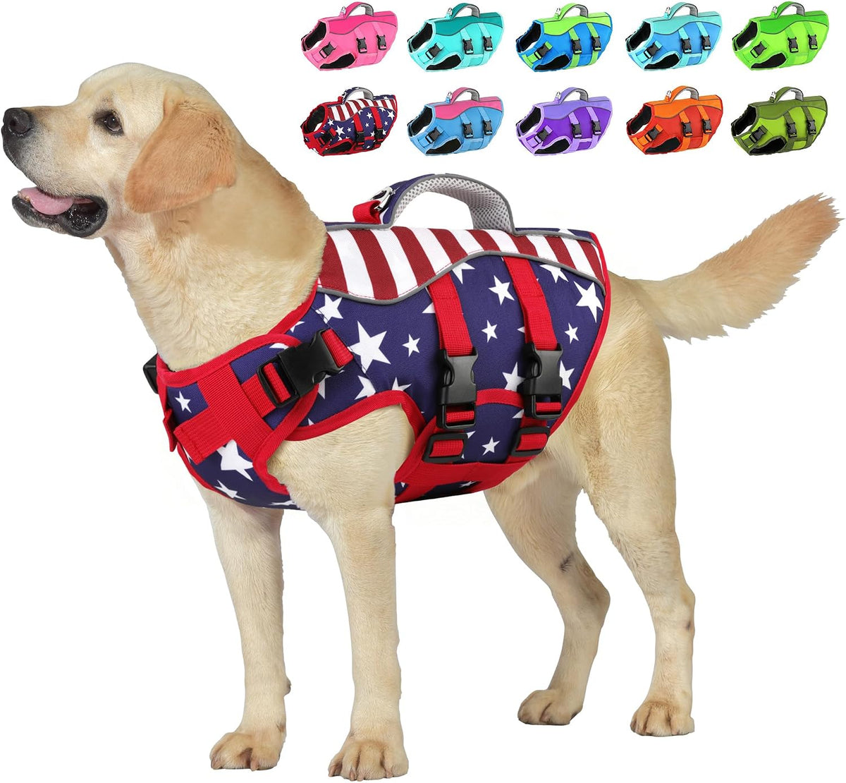 Dog Life Jacket with Handle Adjustable Swim Vest, XS - USA Flag / Small