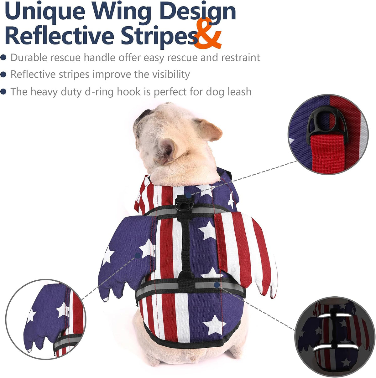 Dog Life Jacket, Cute Wings Adjustable Dog Life Vest with Chin Float and Handle for Swimming - Usa Flag / Xs (Chest Girth 11.8"-16.5") - image 4