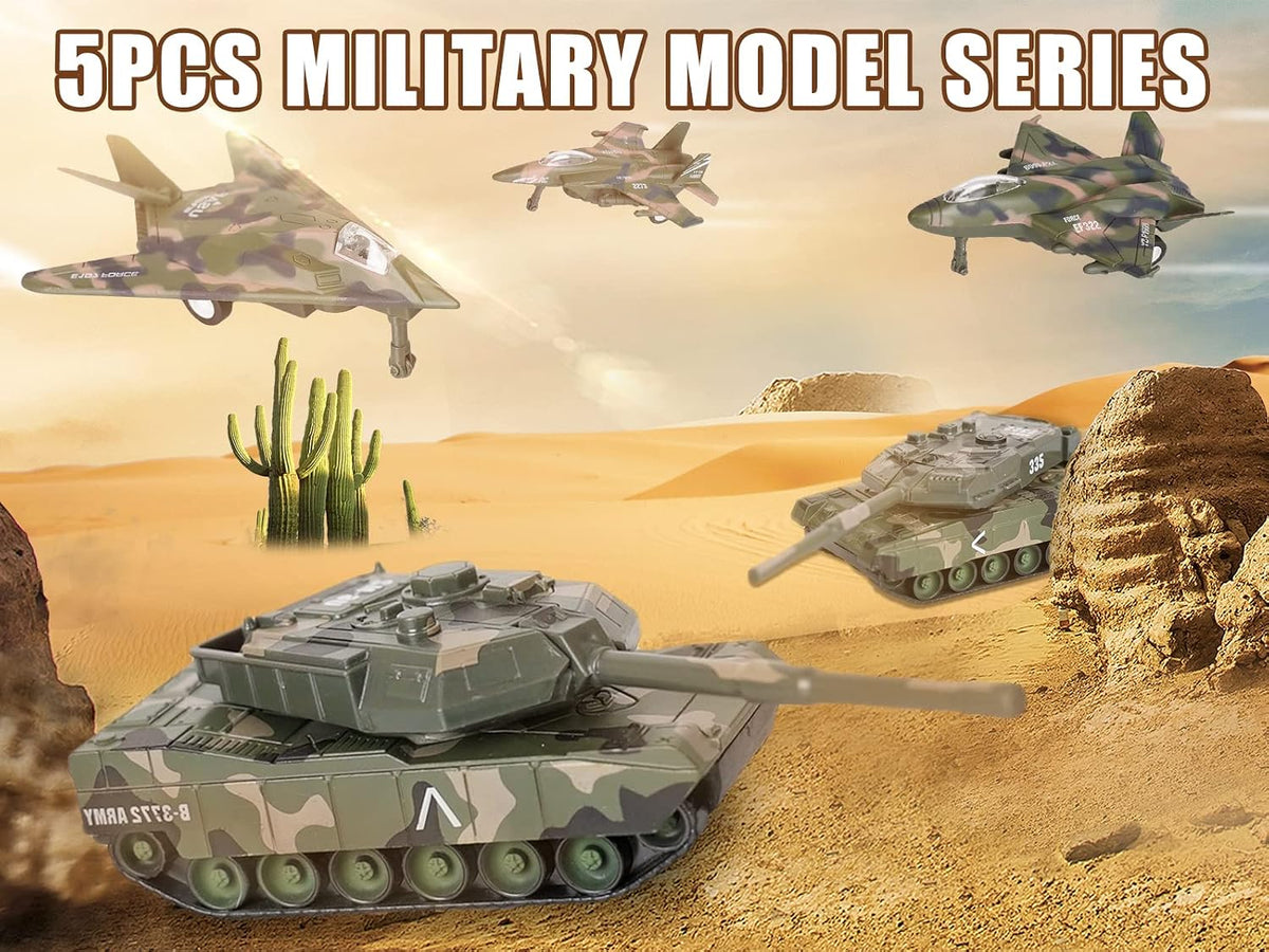 Crelloci 5 pack pull back army toys, three camo fighter jets and two tanks - view 7