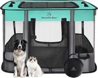 ROMANTIC BEAR Dog Playpen, Foldable Pet Puppy Cat Playpen, L - Green / Large(40"x32"x24")