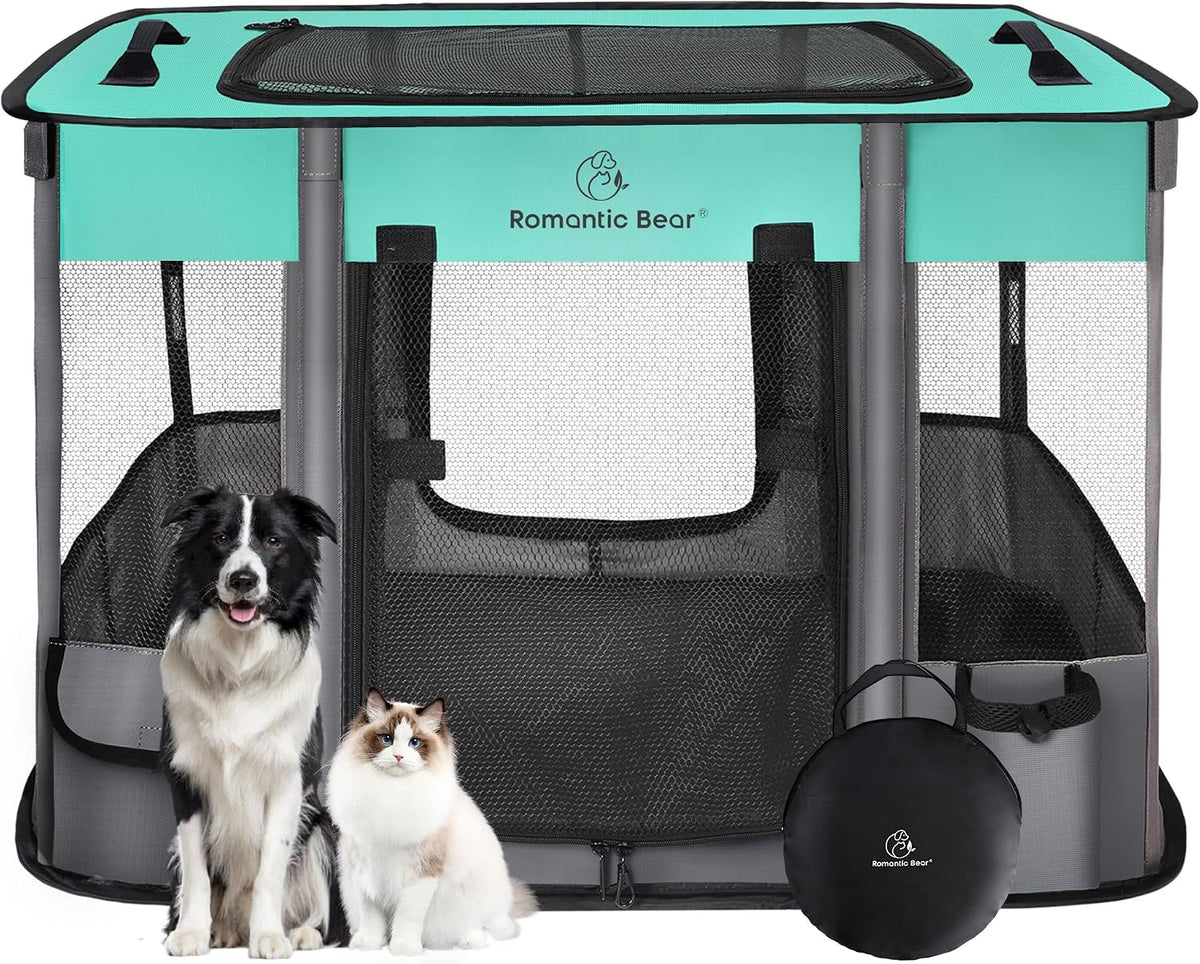ROMANTIC BEAR Dog Playpen, Foldable Pet Puppy Cat Playpen, L - Green / Large(40"x32"x24")