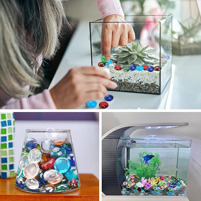 2LB Mixed Color Flat Glass Marbles for Vases, Mancala Stones Gemstone Beads Vase Filler Decorative Glass Pebbles for Fish Tank, DIY Crafts, Mosaics, Aquarium Decor Rocks, Candle Holders