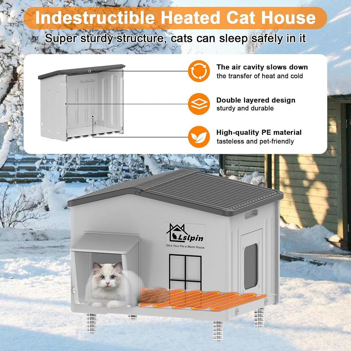 Large Indestructible Heated Cat House for Outside Winter - Grey Slanted-21.6×16.9×17.5 - image 4