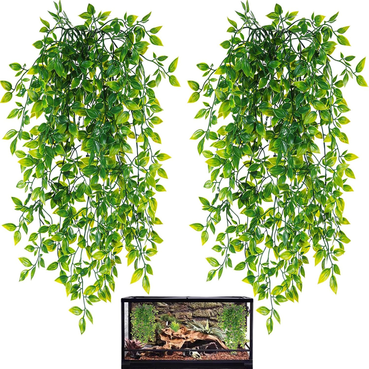 HERCOCCI Reptile Plants, 2 Pack Terrarium Hanging Plants Vines Artificial Leaves Habitat - 2 Pack