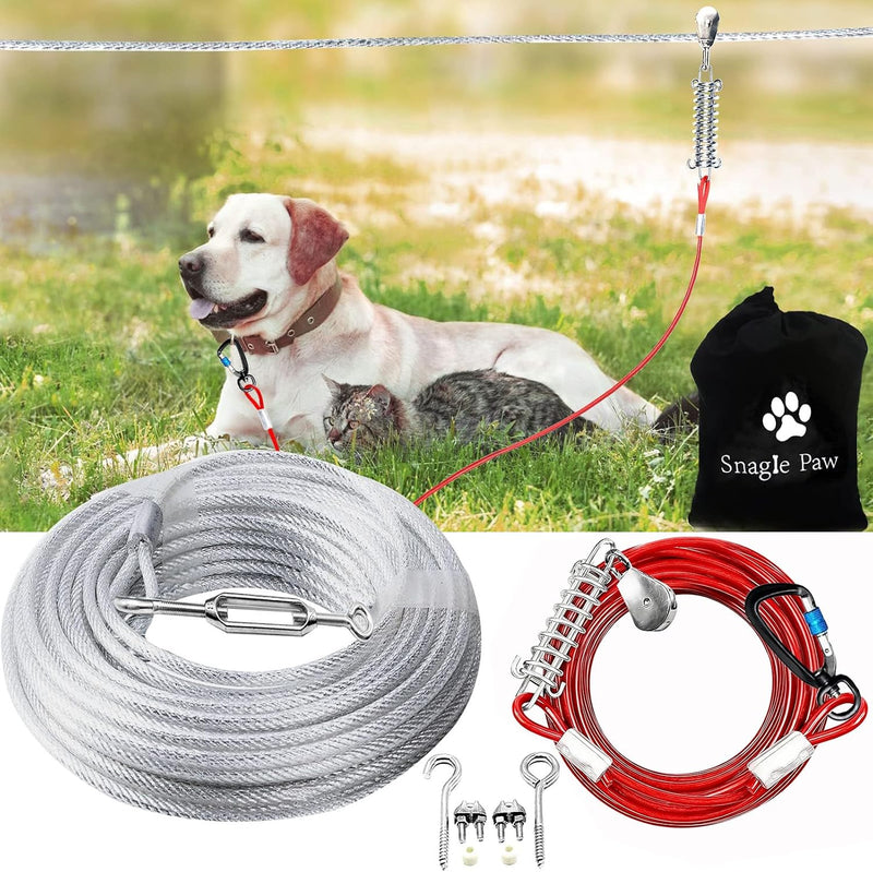 Dog Tie Out Runner for Yard, Trolley System for Large Dogs - Red for 250lbs dogs / 200ft run cable+10ft tie out cable