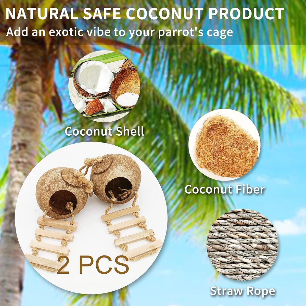 Natural Coconut Hide with Ladder Perches Hanging Bird House Toy - 2pcs Coconut Hide with Ladder Bird Cages - image 2