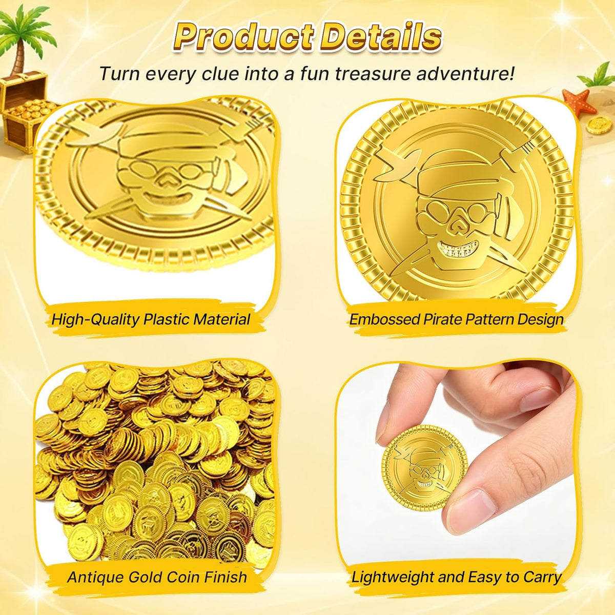 Geodurn 100 plastic pirate gold coins with embossed pirate design - view 11