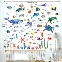 BASHOM DS12-8048 128 Pieces Under The Sea Wall Decals Ocean Fish Stickers Turtle Jellyfish Seaweed Removable for Kids Bedroom Nursery Living Room Home Art Decor Bathroom Baby