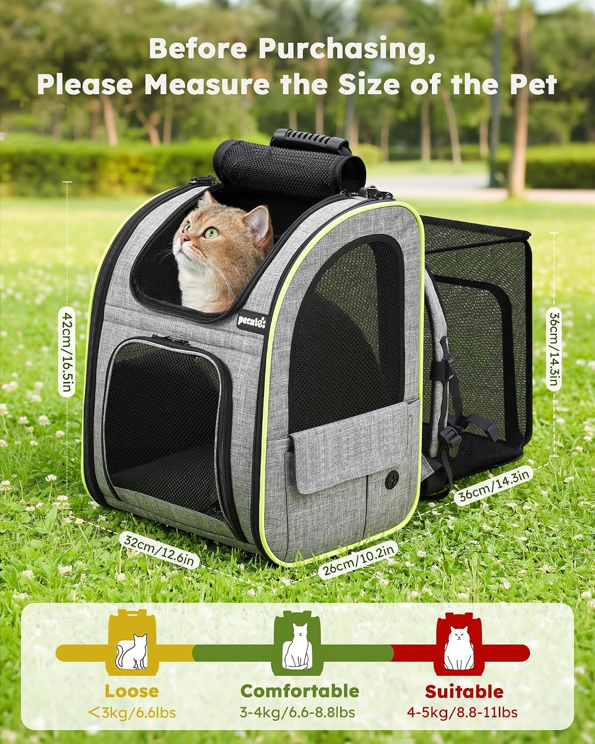pecute Cat Backpack Expandable - Grey / 12.6"L x 10.2"W x 16.5"H / Mesh Window - image 2