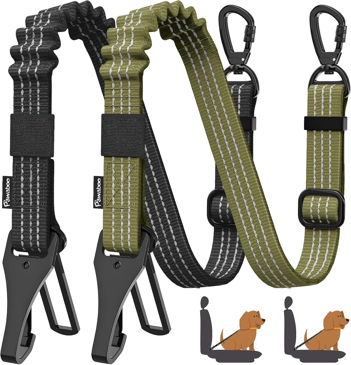 Pawaboo 2Pack Dog Car Seatbelt - Army Green + Black