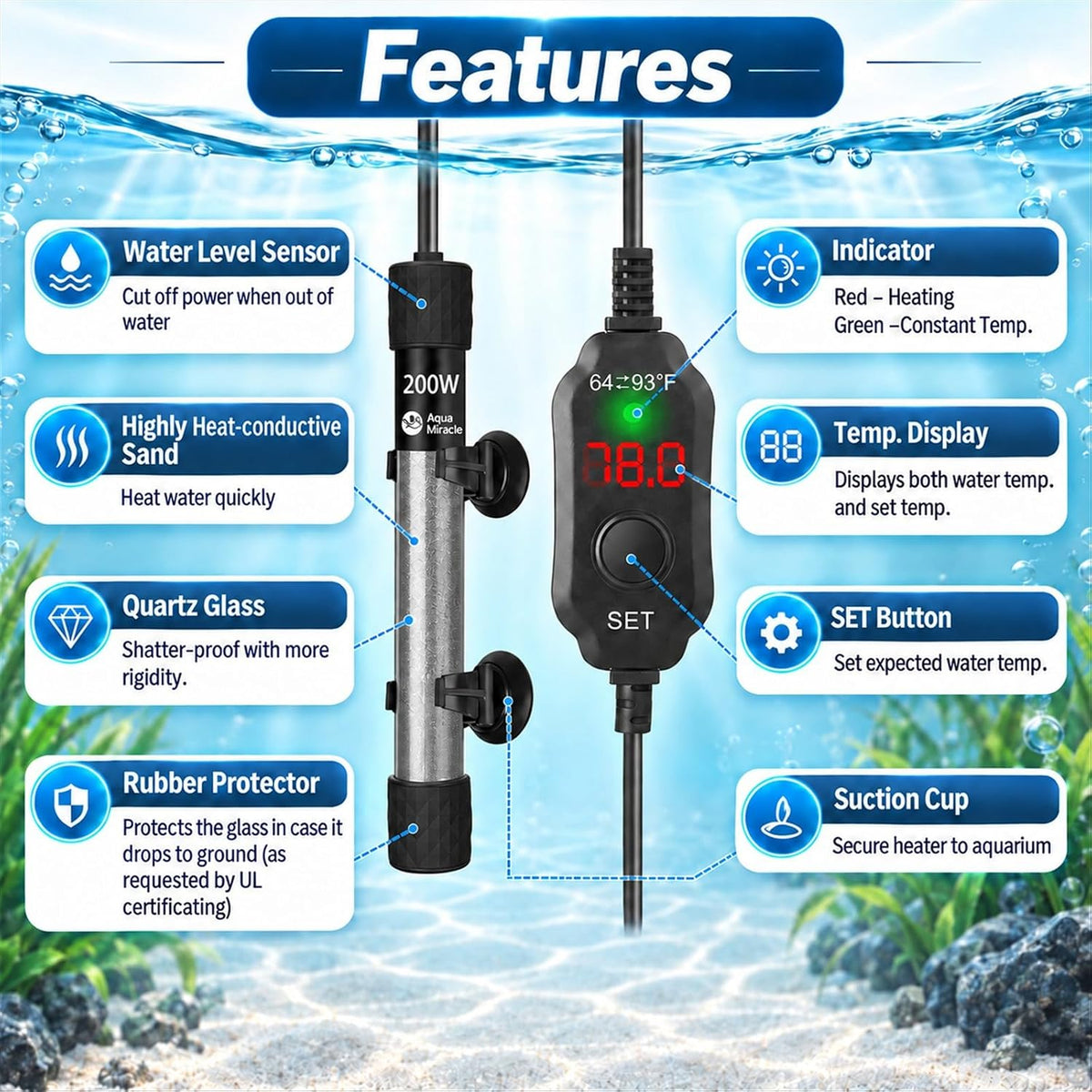 AquaMiracle Aquarium Heater 15W Fish Tank Heater for 1-3 Gallon Tanks – Essentials for Fish - For 20-40 Gal Tank - image 3
